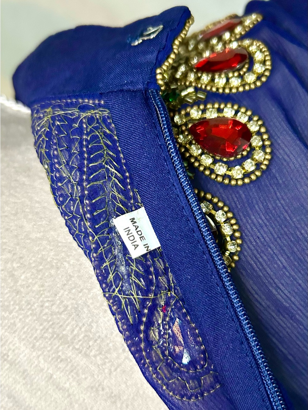 Royal Blue Sheer Hand Beaded Gold, Multicolor Farasha Kaftan Gown, Free Size - Picture 16 of 17